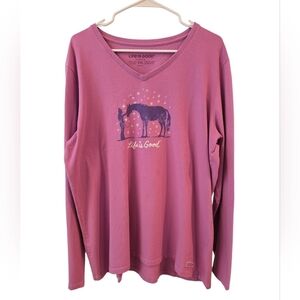 LIFE IS GOOD WOMEN'S HOLIDAY HORSE LONGE-SLEEVE CRUSHER VEE IN PURPLE. SIZE XXL.